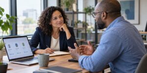 Independent recruiter listens to a hiring manager while discussing candidates, with digital profiles on a laptop beside them.
